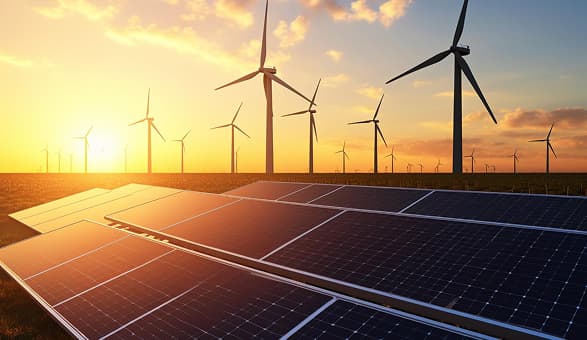 Solar panels and wind turbines at sunset